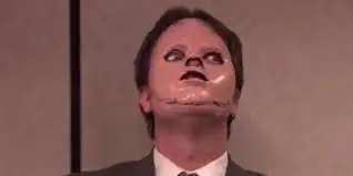 Dwight from The Office wearing the CPR dummy's face