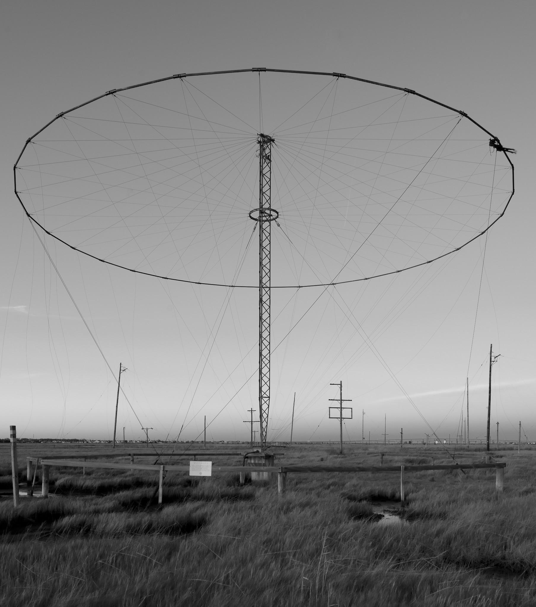 A vertical mast with a large horizontal ring at the top, supported by an array of wires, in a marshland. Other antennas and supports are visible in background.