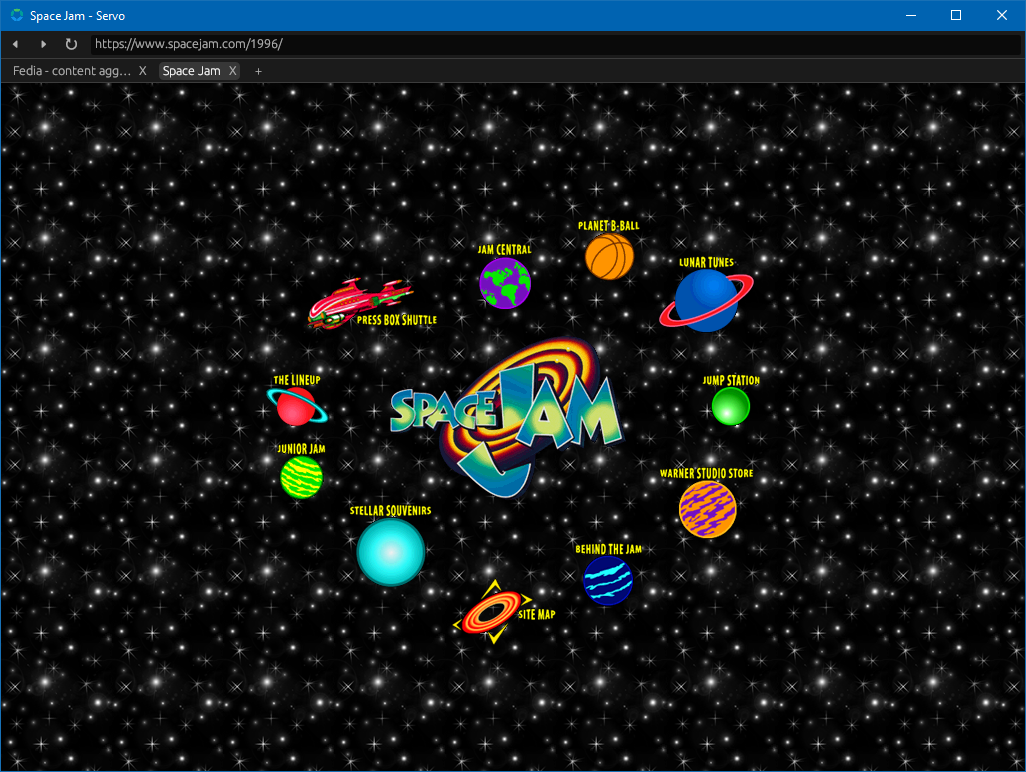 The original 1996 Space Jam web site, running in the Servo demo browser.