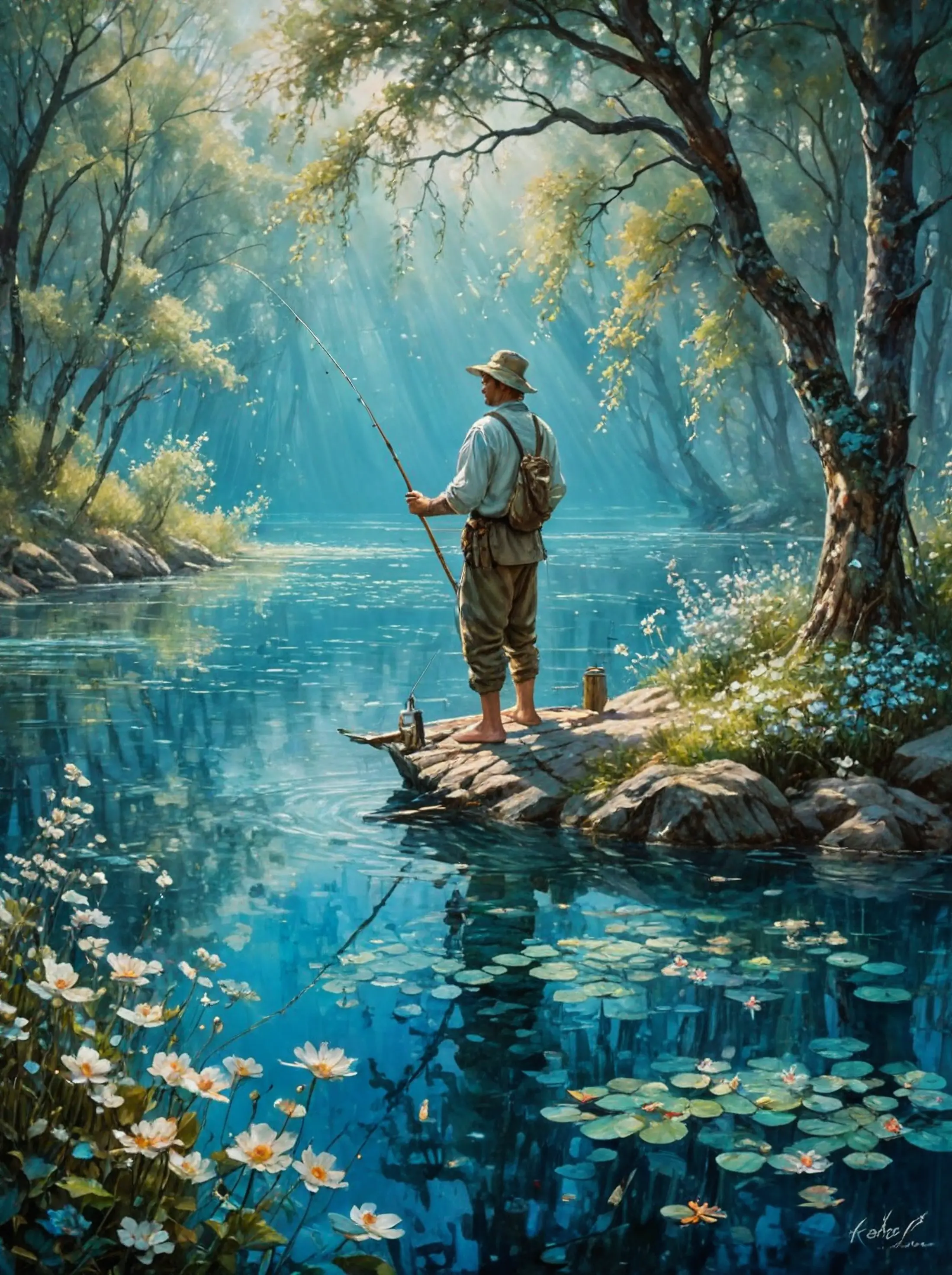 A man, dressed in neutral tones and wearing a hat, stands at the edge of a calm stream dotted with blooming water lilies, engrossed in fishing. The surrounding landscape is lush with greenery, and the sunlight filtering through the trees casts a soft glow on the scene. 