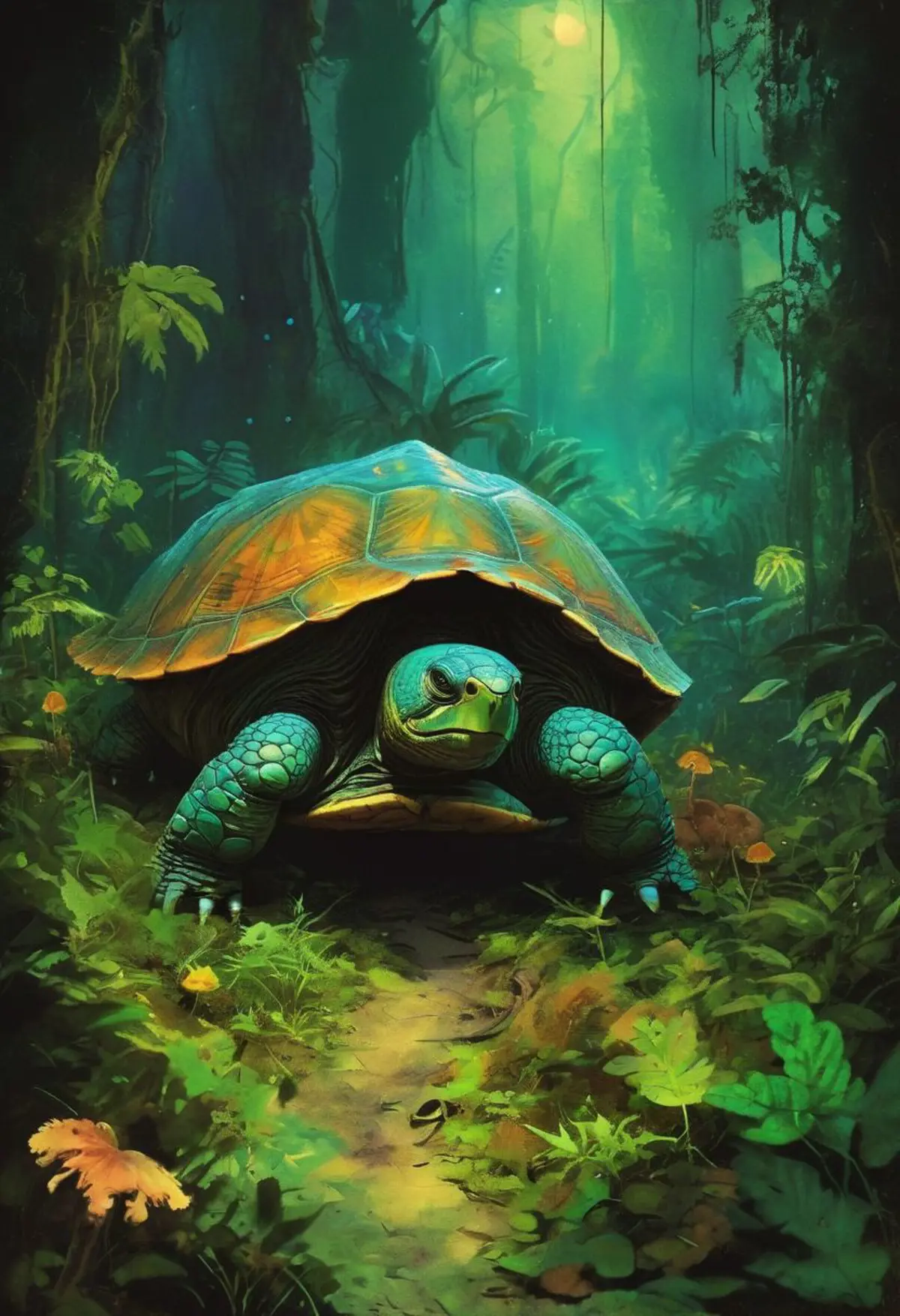 A large tortoise in the heart of a dense jungle. Green light filters through the canopy above onto the tortoise’s orange shell, providing a stark contrast against its dark blue-green skin. 