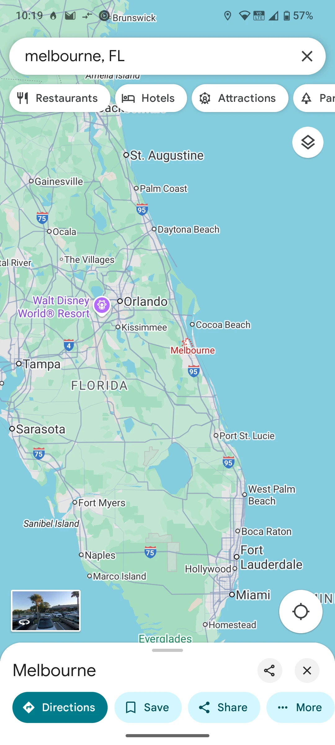 Google maps screenshot showing Melbourne, FL