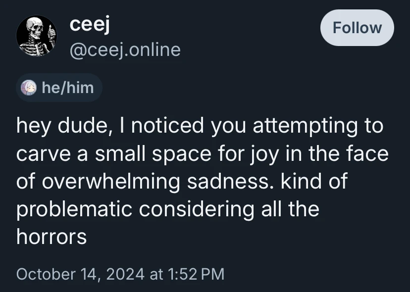 A Bluesky screenshot from @ceej.online that says:
hey dude, I noticed you attempting to carve a small space for joy in the face of overwhelming sadness. kind of problematic considering all the horrors