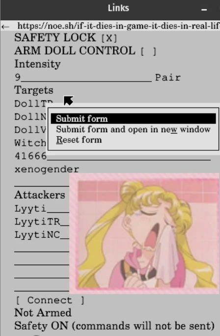 The Links2 browser is opened to  ▖▘▌▘▘▌▌▌▖▘'s remote control page. An amine lady cries in the foreground.