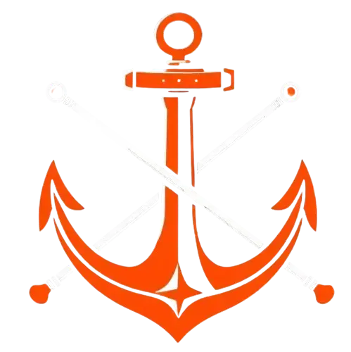 Deck Hand: An icon of anchor crossed with two staves in orange-red, black and white colors