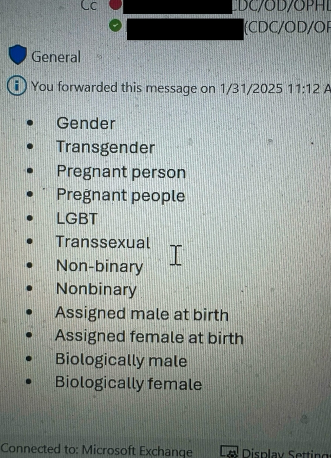 a photograph of a computer screen showing an excerpt of an email. The CC field is visible but mostly redacted, the visible part shows that the two CC'd recipients both include a suffix "CDC/OD/OPH" plus additional not-visible letters after their names. A note above the email says "You forwarded this on 1/31/2025 11:12 A". The visible part of the email body is a bulleted list of the terms Gender, Transgender, Pregnant person, Pregnant people, LGBT, Transsexual, Non-binary, Nonbinary, Assigned male at birth, Assigned female at birth, Biologically male, and Biologically female. At the bottom it says "Connected to: Microsoft exchange"