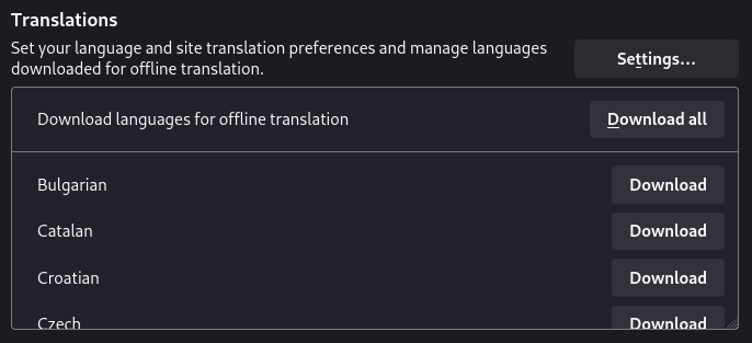 screenshot of Firefox Translation preferences showing downloadable languages