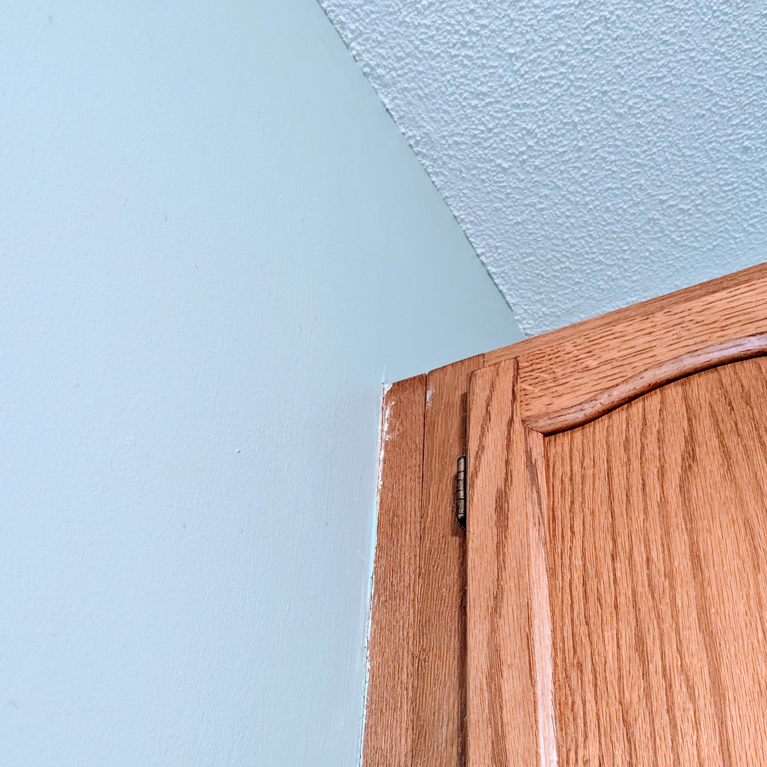 Awkward corner shot of a golden oak kitchen cupboard, blue green wall, and white textured ceiling