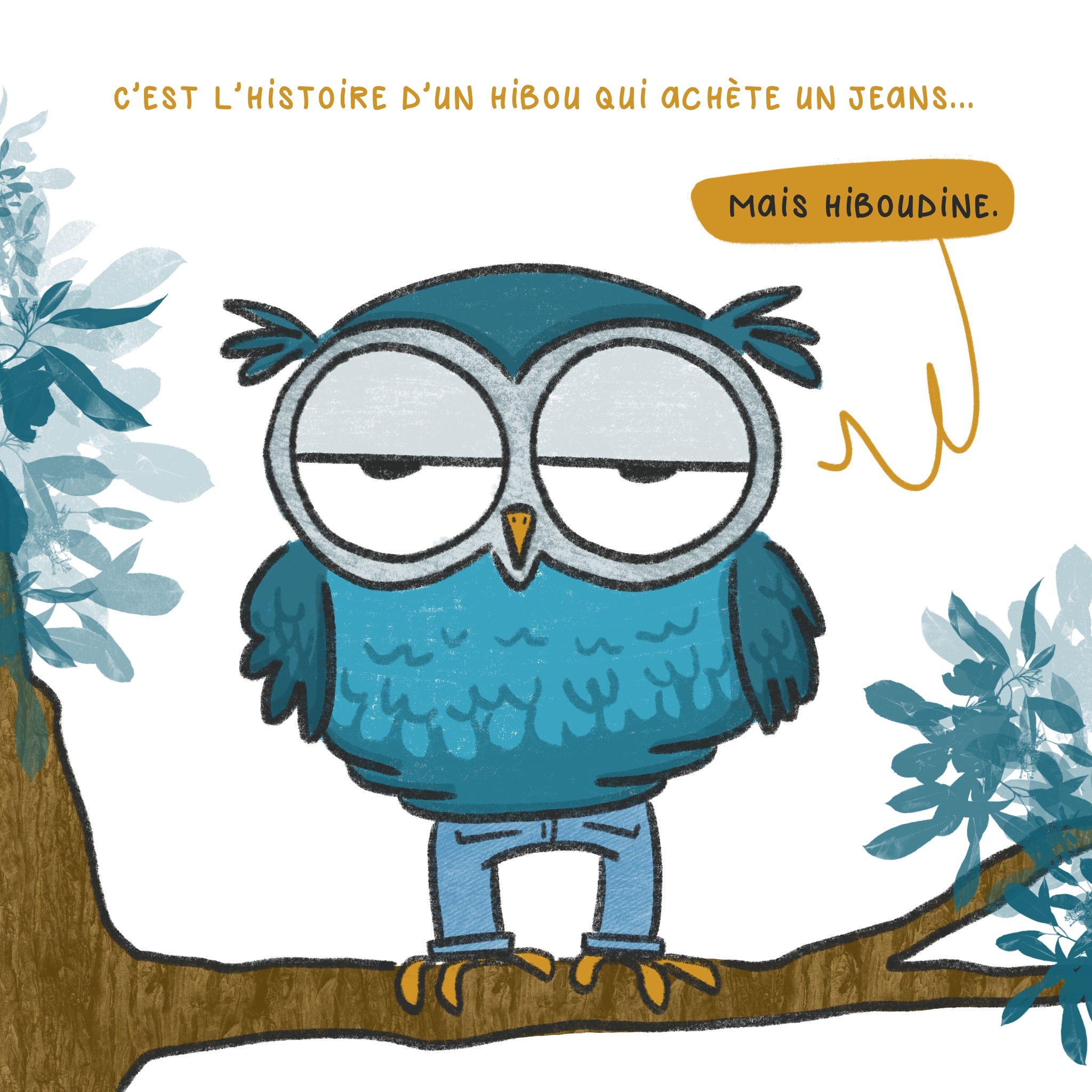 Dessin humoristique. On voit un hibou sur sur branche, il porte un jeans. Phrase écrite : C'est l'histoire d'un hibou qui achète un jeans Bulledu hibou : " mais hiboudine" (jeu de mot entre hibou et le jeans qui boudine => qui serre)