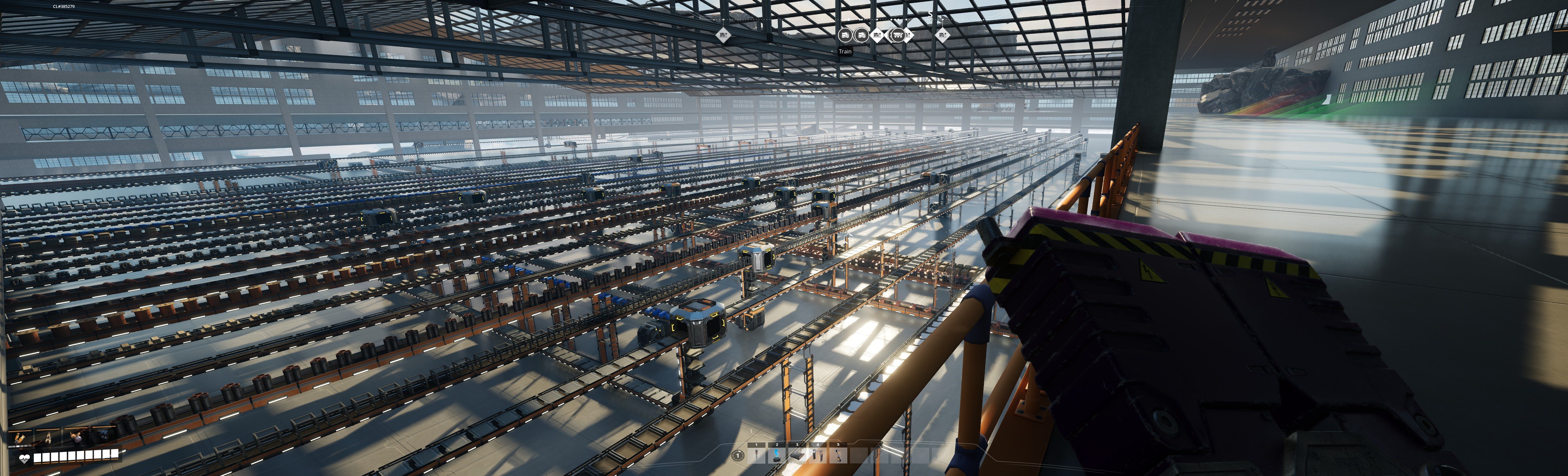 Screenshot of Satisfactory, a large building full of conveyors