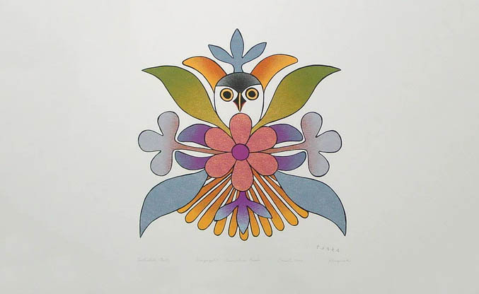 Art print of a small owl with orange feathers hiding behind a big pink flower. Blue and purple petals and green leaves stick out on the sides.