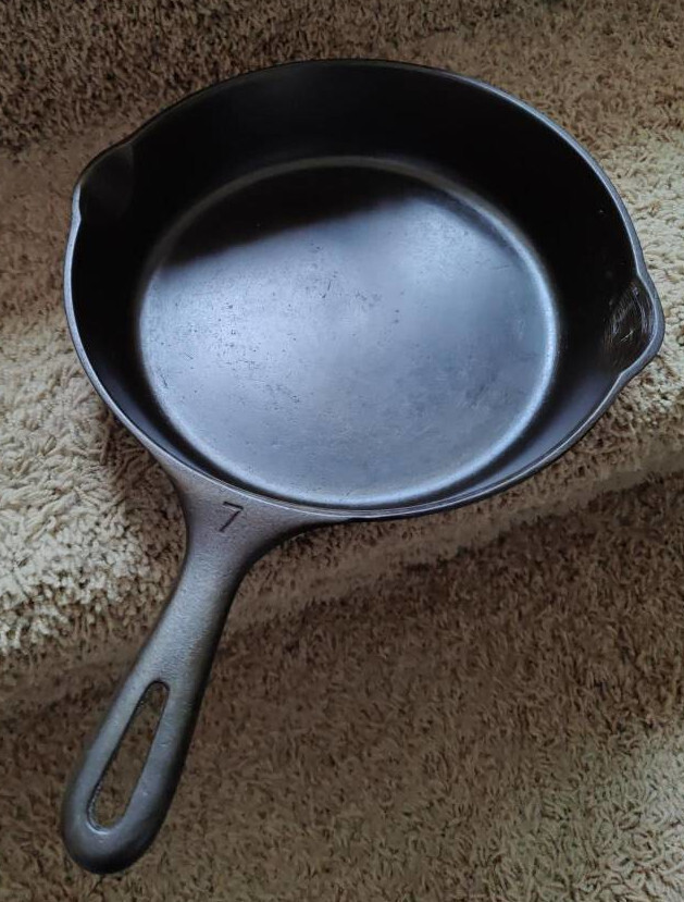 9-inch skillet, top side, with "7" inscribed on the handle