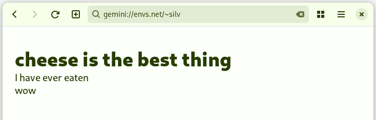 "cheese is the best thing I have ever eaten wow", transcribed from gemini://envs.net/~silv