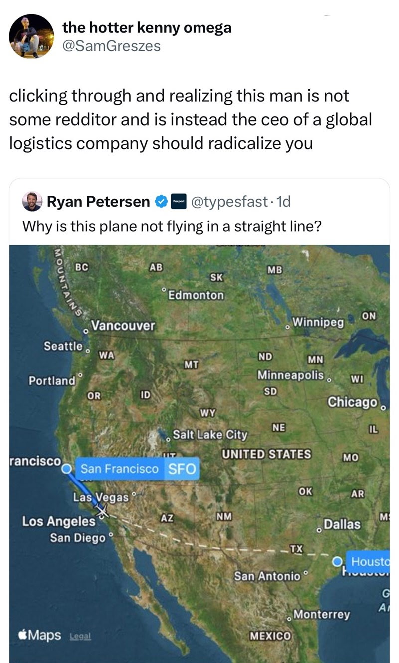 Response tweet that says "realizing that this is not some redditor but the CEO of a logistics company should radicalize you over a tweet asking why a map of commercial flight route doesn't show the plane to travel in a straight line