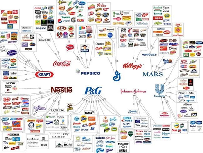 Network graph of major subsidiaries or global food and drug corporations.