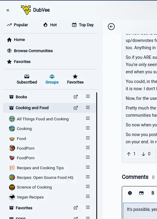 Tesseract UI showing the sidebar with the 'Cooking and Food' group shown along with its member communities. 