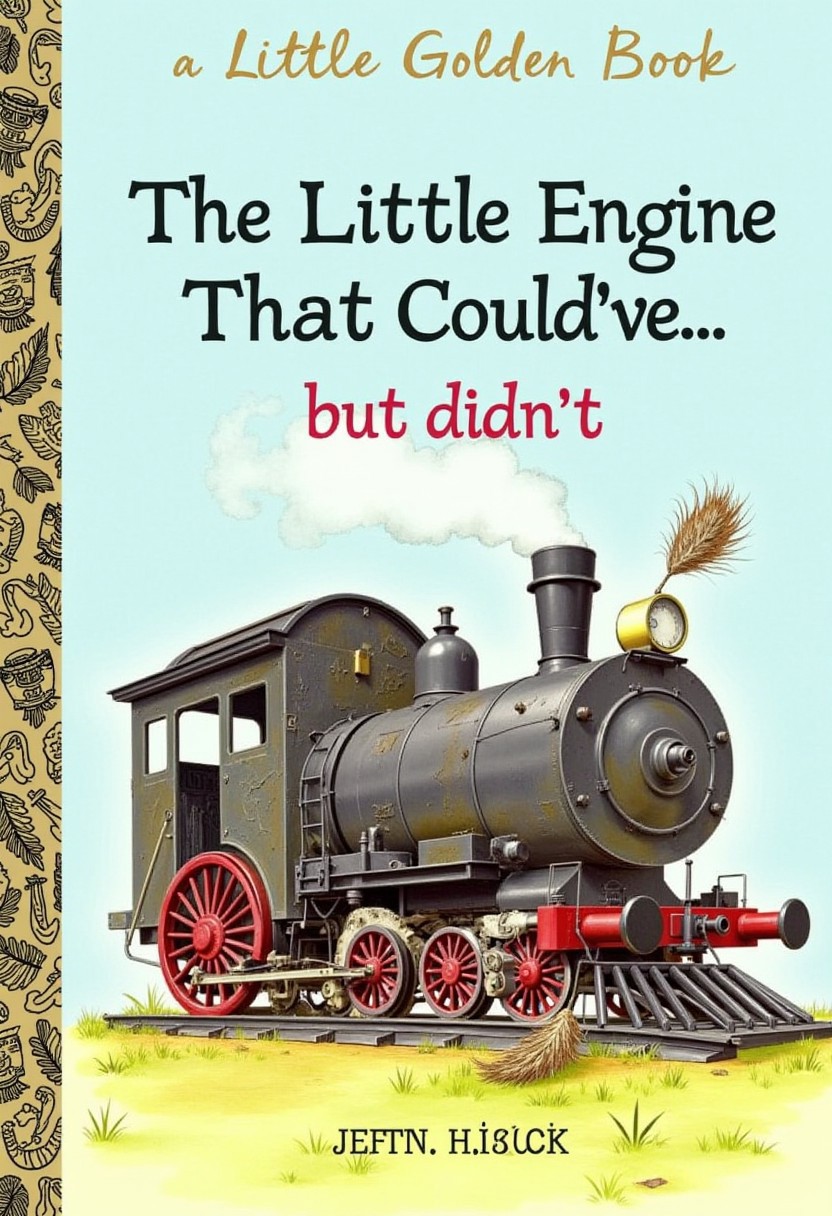 The front cover of a book in the “a Little Golden Book” series titled “The Little Engine That Could've... but didn't” written in black and red font against a blue background at the top. Below the title is an illustration of a vintage steam locomotive with red wheels and detailing, positioned on tracks surrounded by short green grass, facing towards the right side of the image. The locomotive is predominantly black with some gold accents and has a large headlamp on its front. 