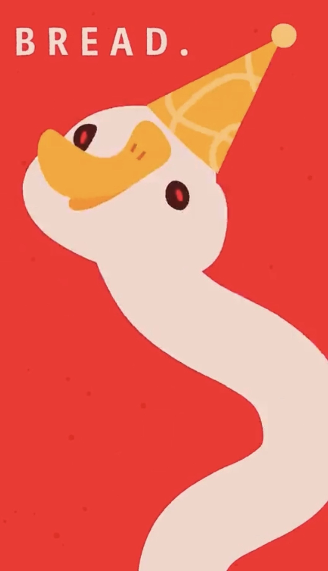 Red background with a white goose with a yellow party hat saying “bread”. It is cartoonish and comical. This is the next frame from the next where it’s more squat and it’s mouth is open.