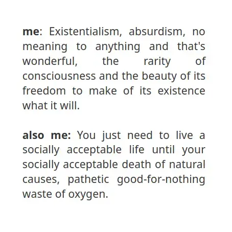 me: Existentialism, absurdism, no meaning to anything and that's wonderful, the rarity of consciousness and its freedom to make of it what it will. / also me: You just need to live a socially acceptable life until your socially acceptable death of natural causes, pathetic good-for-nothing waste of oxygen.