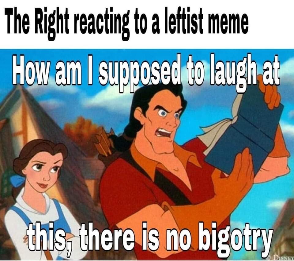 A picture titled with "The Right reacting to a leftist meme;" it's followed by a picture of the Disney character Gaston looking confusedly at a book and captioned as saying, "How am I supposed to laugh at this, there is no bigotry."