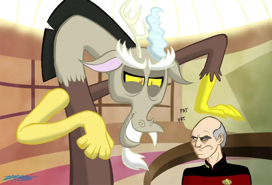 Discord from MLP patting Captain Picard on the head