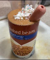 A nice can of vegetarian beans, with a hotdog of course