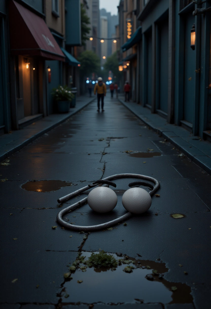 A dimly lit urban alleyway during early morning. The ground is wet, and there are small puddles scattered along the pavement. In the foreground, Clippy, the paperclip assistant from Microsoft Office software, lies face down on the pavement. The alley is flanked by buildings, some with awnings and lit lanterns. In the background, several people are walking away from the camera, adding depth to the scene. 