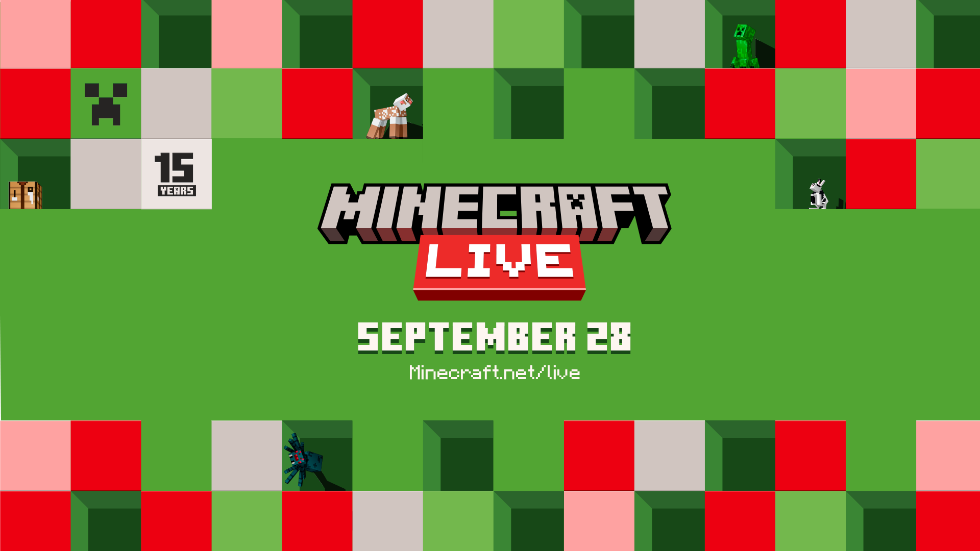 Minecraft Live 2024 announcement artwork.

Center: Minecraft Live logo with text "September 28 - Minecraft.net/live" beneath.

In the background, various tiles are seen, some of which are containing mobs like a sheep, a creeper, a rabbit and a spider, as well as a crafting table. In the top left, one of the tiles says "15 Years" and one other is the Minecraft logo.