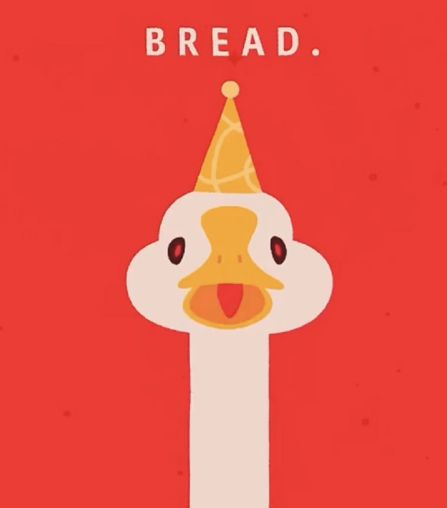 Red background with a white goose with a yellow party hat saying “bread”. It is cartoonish and comical. This one is staring into the camera.