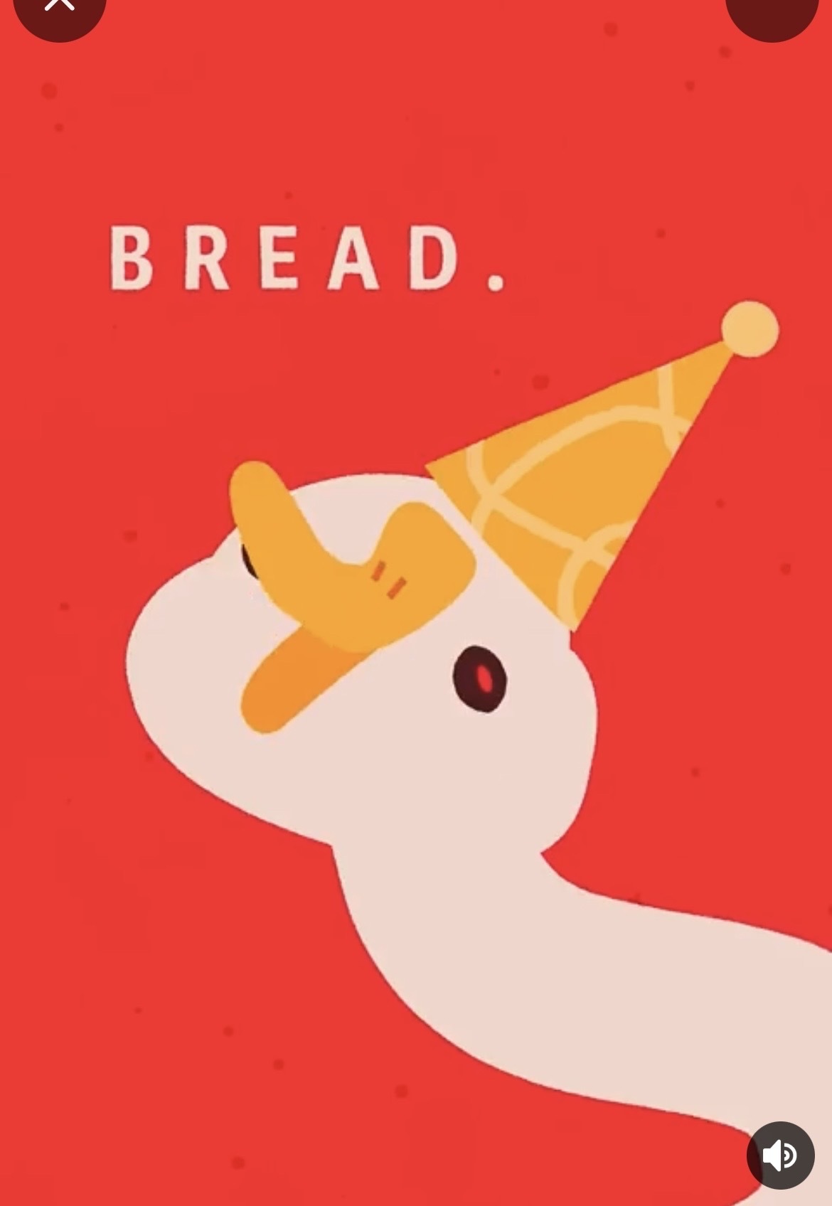 Red background with a white goose with a yellow party hat saying “bread”. It is cartoonish and comical. This one has its neck in a backwards c shape.