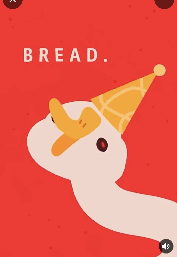 Red background with a white goose with a yellow party hat saying “bread”. It is cartoonish and comical. This one has its neck in a backwards c shape.
