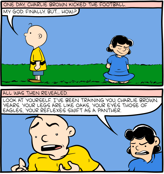 Charlie Brown kicks the football