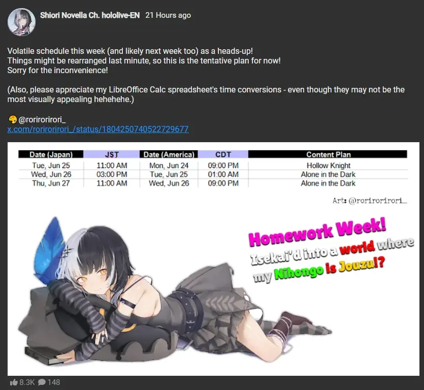 Shiori Novella: "Volatile schedule this week (and likely next week too) as a heads-up!  Things might be rearranged last minute, so this is the tentative plan for now!  Sorry for the inconvenience!   (Also, please appreciate my LibreOffice Calc spreadsheet's time conversions - even though they may not be the most visually appealing hehehehe.)  🎨@rorirorirori_  x.com/rorirorirori_/status/1804250740522729677"