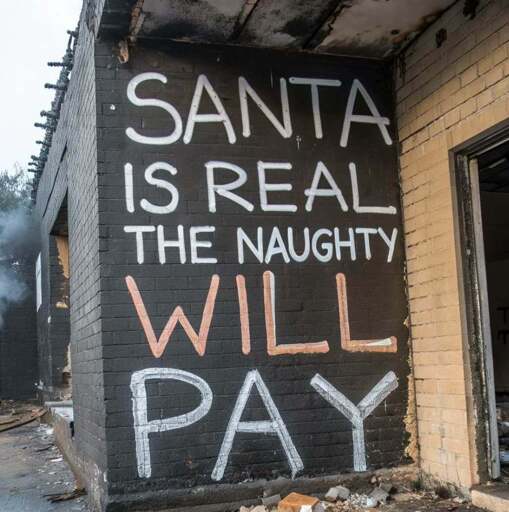 Wall with grafiti: "SANTA IS REAL THE NAUGHTY WILL PAY"