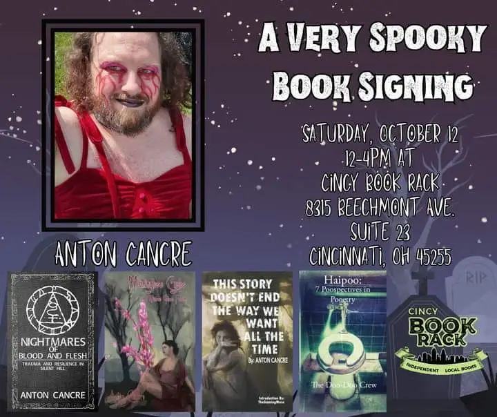 Invitation to attend a book signing at Cincy Book Rack Oct 12 from noon until 4pm